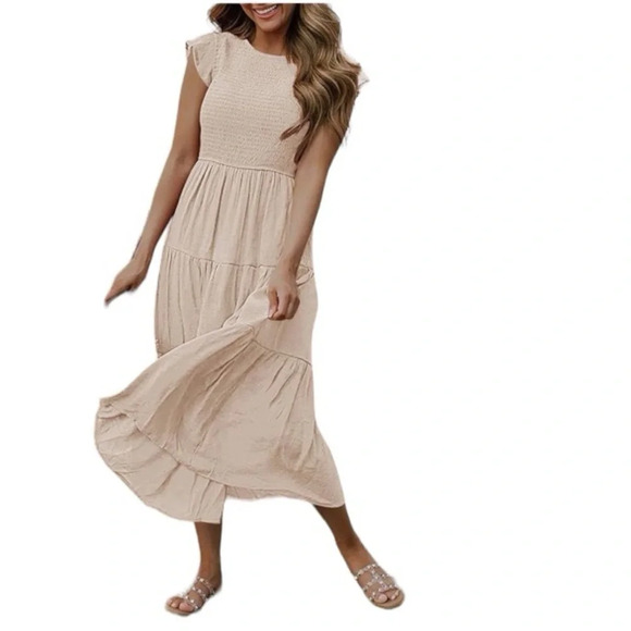 NWT ZESICA Women's Flutter Short Sleeve Smocked Midi  Summer Tiered A Line Dress - Picture 4 of 10